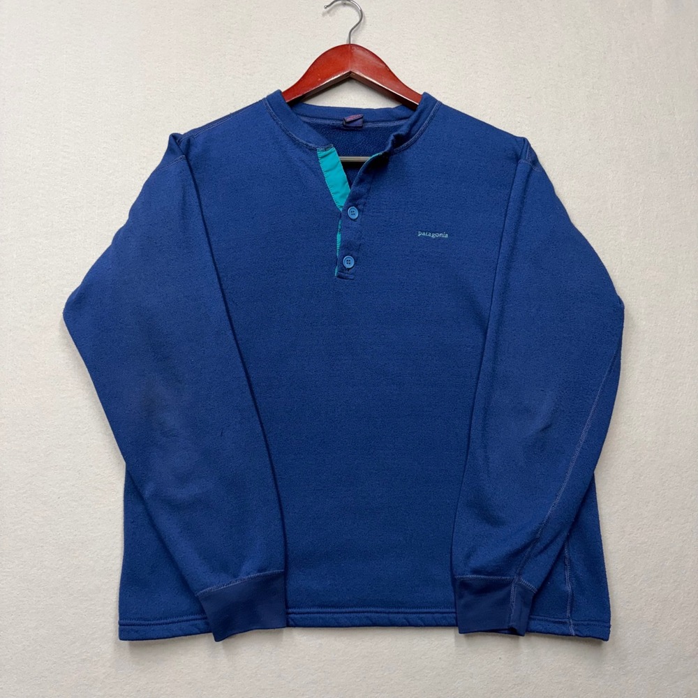Patagonia Fleece Pullover Mens Large Blue Capilene Henley Vintage 80s USA Made